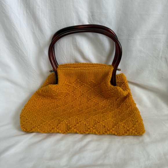Handbags - Yellow Knit Handbag with Brown Frame Handles